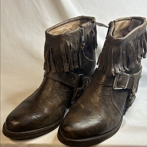 AllSaints Bonny Cuban Fringe Ankle Boots in antiqued taupe brown leather.